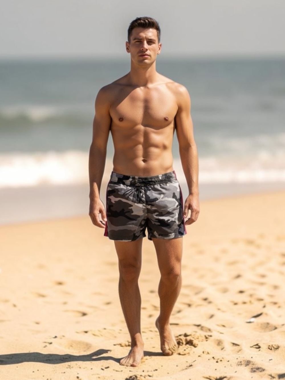 Parke & Ronen Camo Board Shorts Swim Trunks Size 30 Gray Camouflage Red Trim